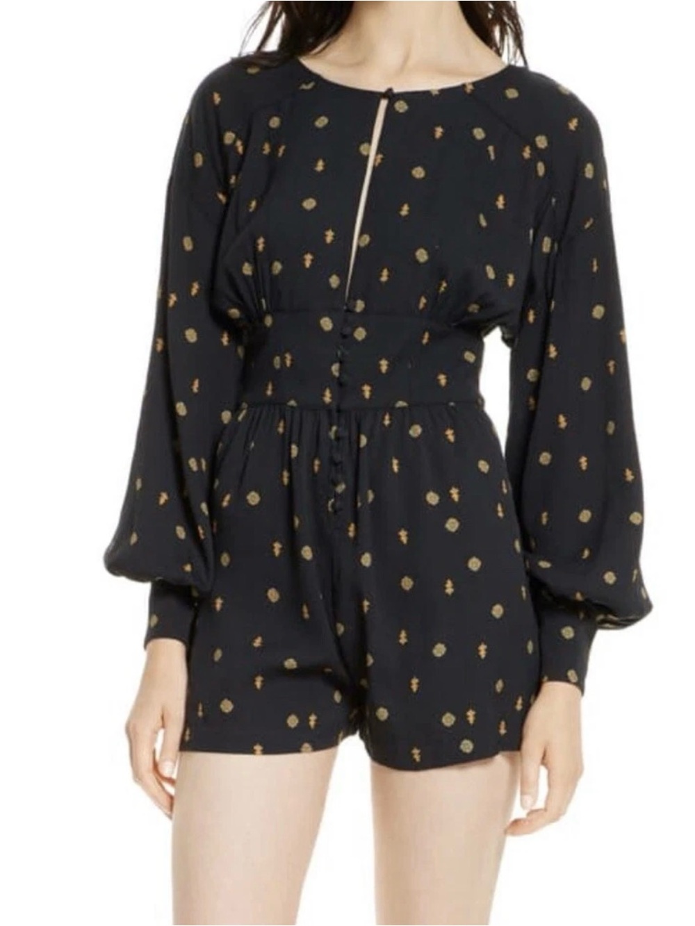 Free People Womens Love Grows Black Printed Keyhole Romper Small NEW 1312